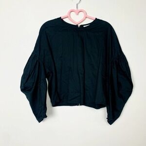 Stelen Cotton Zipper Back Dolman Puff Sleeve Casual Top Blouse Black Size Small
